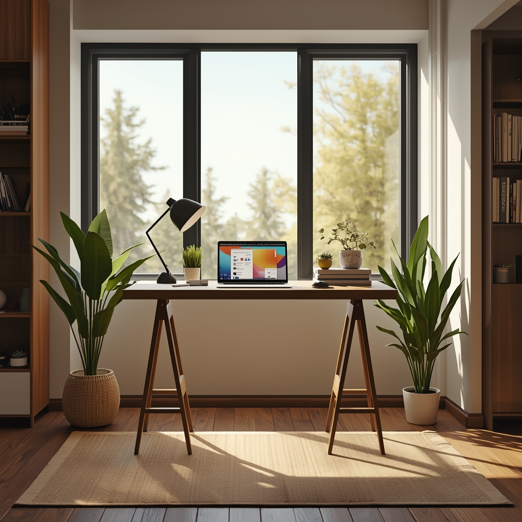A serene modern home office setup with a standing desk by a large window, natural light streaming in, plants, a laptop showing productivity tools, warm wood tones, professional remote work environment, no people, ultra-realistic photography
